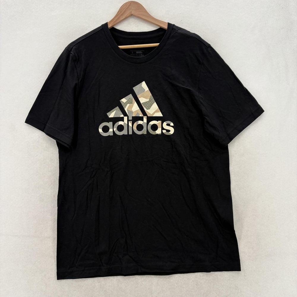 Adidas Shirt Mens Large Black Camo Badge Logo Graphic Sports Tee Regular Fit NWT